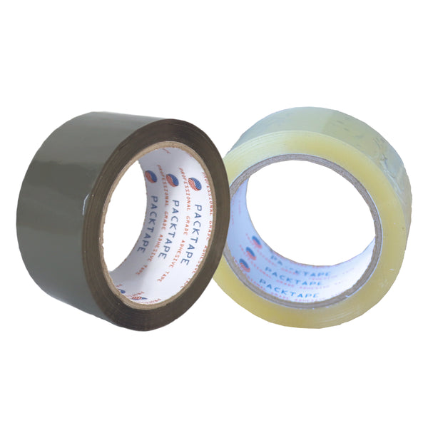 A la izquierda: cinta adhesiva acrílica canela. A la derecha: cinta adhesiva acrílica transparente. Para Paquetes.