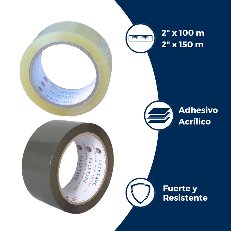 Características de las Cintas Adhesivas Acrílicas Transparente y Canela: 2 pulgadas por 100 metros y 2 pulgadas por 150 metros, adhesivo acrílico, fuerte y resistente. Para Paquetes.