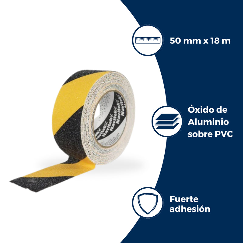 Características de las cintas adhesivas antiderrapantes: hecha de óxido de aluminio sobre una base de PVC, mide 50 mm x 18 m.