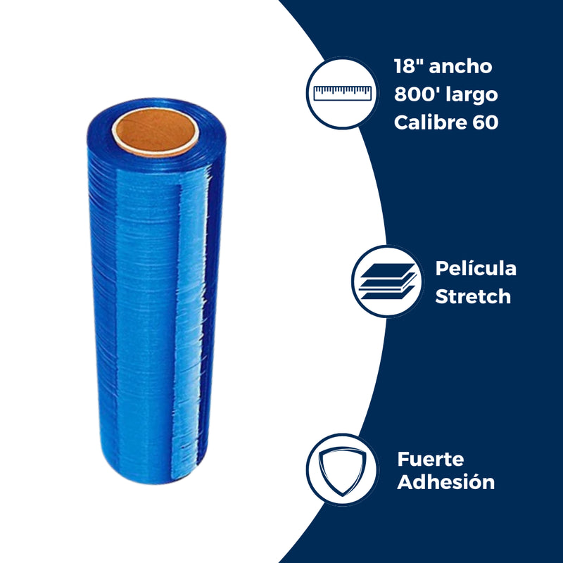 Características del emplaye de película stretch azul: calibre 60, 18 pulgadas de ancho, 800 pies de largo. Para Paquetes.