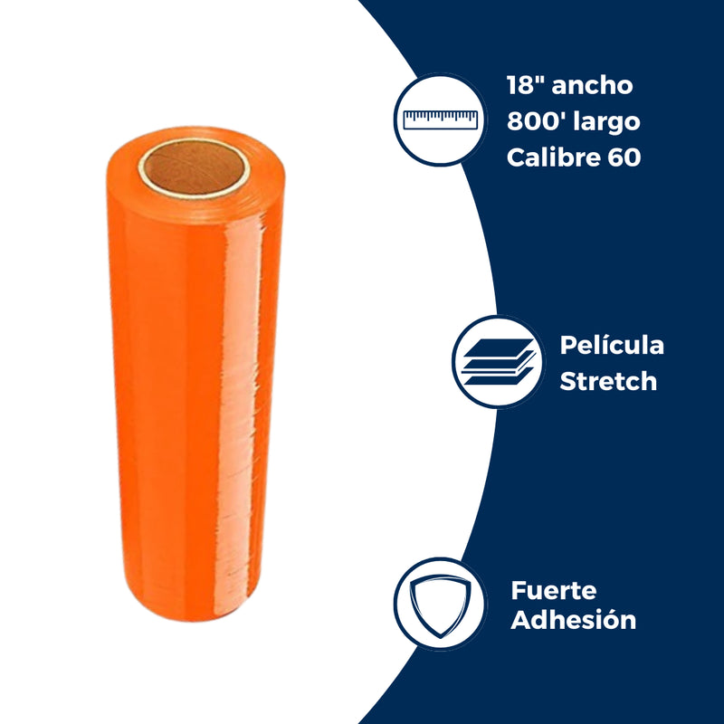 Características del emplaye de película stretch naranja: calibre 60, 18 pulgadas de ancho, 800 pies de largo. Para Paquetes.