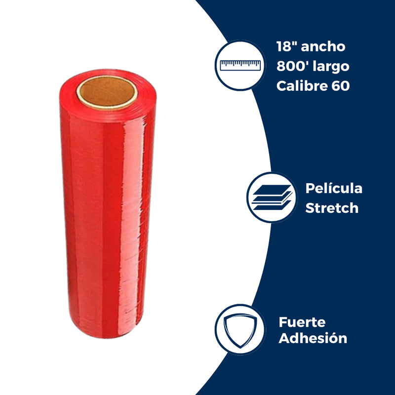 Características del emplaye de película stretch rojo: calibre 60, 18 pulgadas de ancho, 800 pies de largo. Para Paquetes.