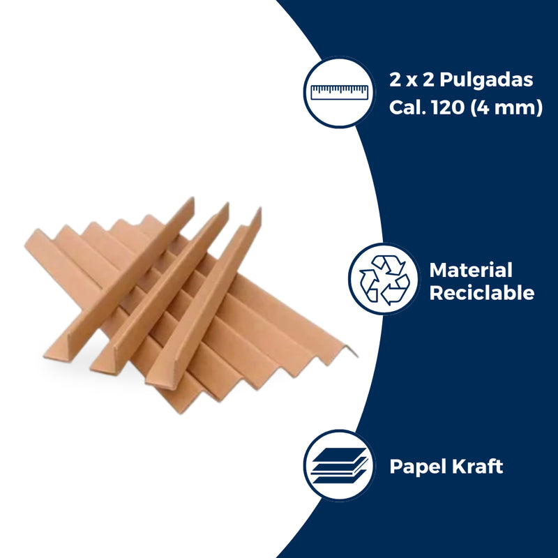 Características de los esquineros de cartón kraft: hecho de kraft, material ecológico y 2 x 2 pulgadas, calibre 120.