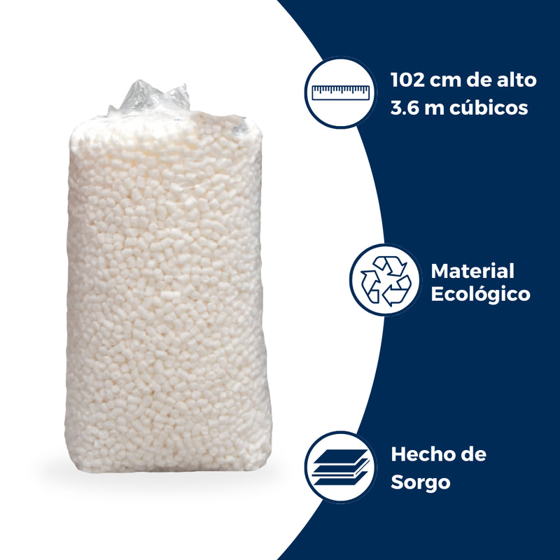 Caracteristicas del Relleno Biodegradable para Cajas de Para Paquetes: 102 cm de alto, cubre hasta 3.6 metros cúbicos, material ecológico, hecho de sorgo.