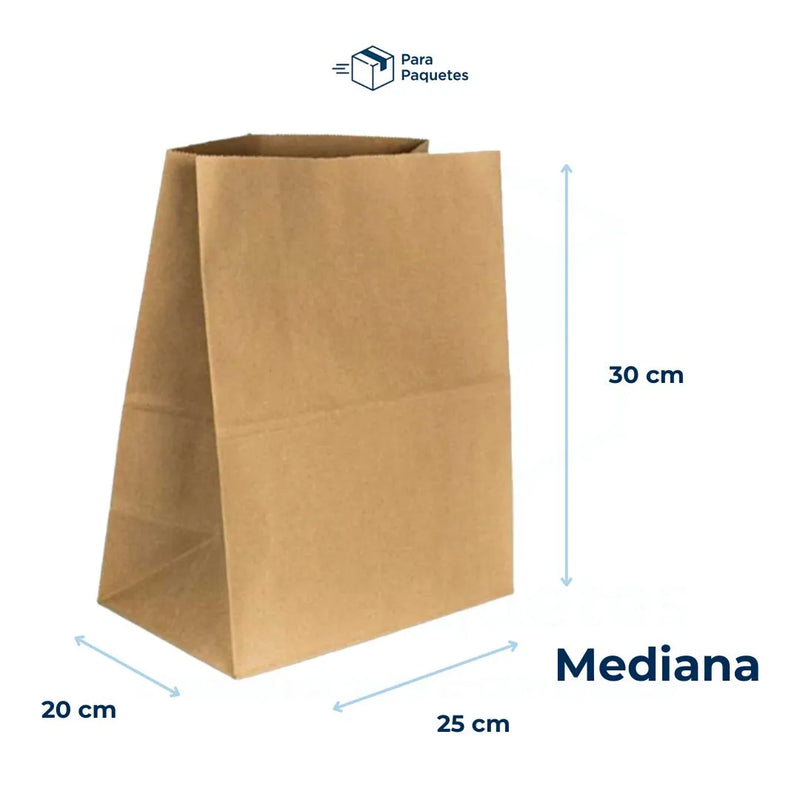 Medida de bolsas de papel kraft mediana: 30 cm de alto por 25 cm de ancho y 20 cm de profundidad.