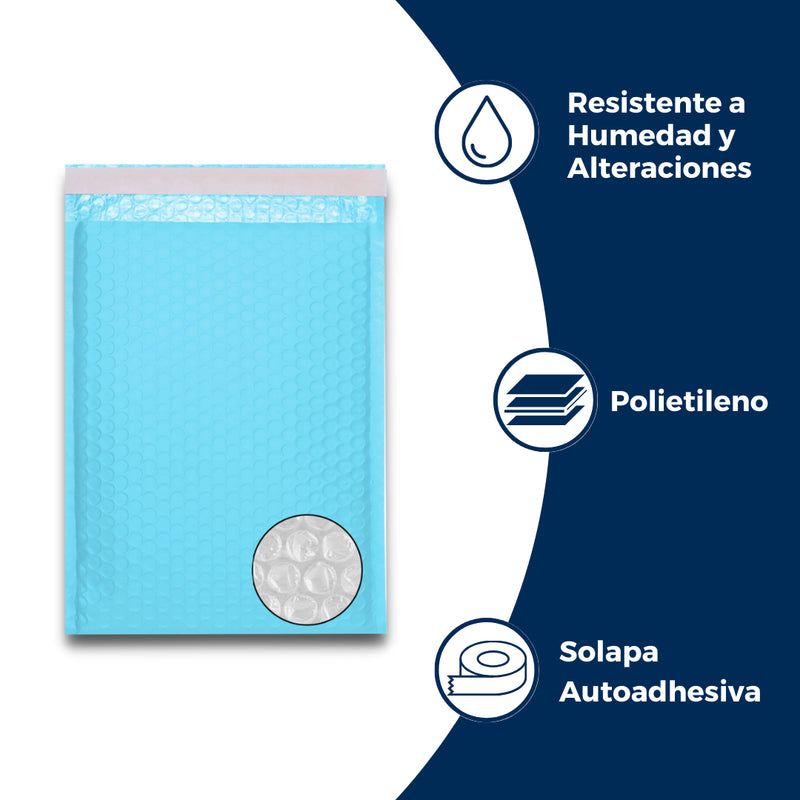 Características y especificaciones del sobre con burbuja aqua: Hecho de polietileno, solapa autoadhesiva, resistente a la humedad, reciclable y resistente a alteraciones.