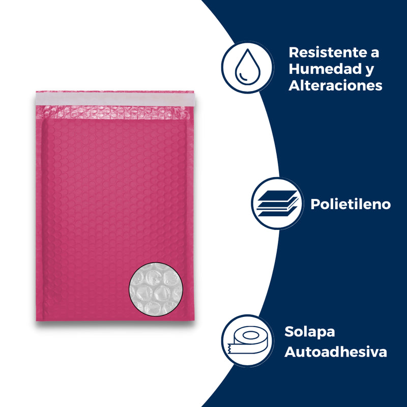 Características y especificaciones del sobre con burbuja rosa: Hecho de polietileno, solapa autoadhesiva, resistente a la humedad, reciclable y resistente a alteraciones. Para Paquetes.