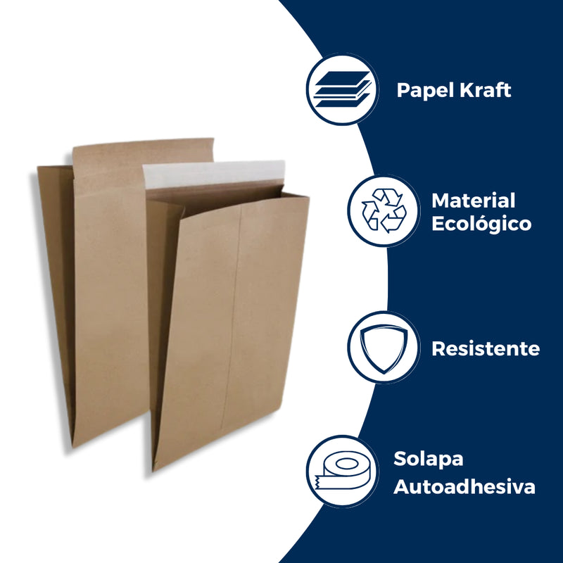 Características de los Sobres Kraft con Fuelle para Envíos: Papel Kraft, Material Ecológico. Resistente y Solapa Autoadhesiva. Para Paquetes.