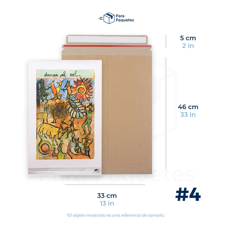 Sobre Rígido Kraft, Medida 4, 33 x 46 cm, color café. Con dibujo arte como referencia de tamaño. Para Paquetes.
