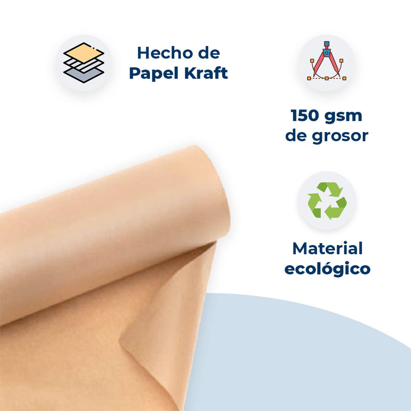 Características del rollo kraft: hecho de papel kraft, 150 gsm de grosor y material ecológico.