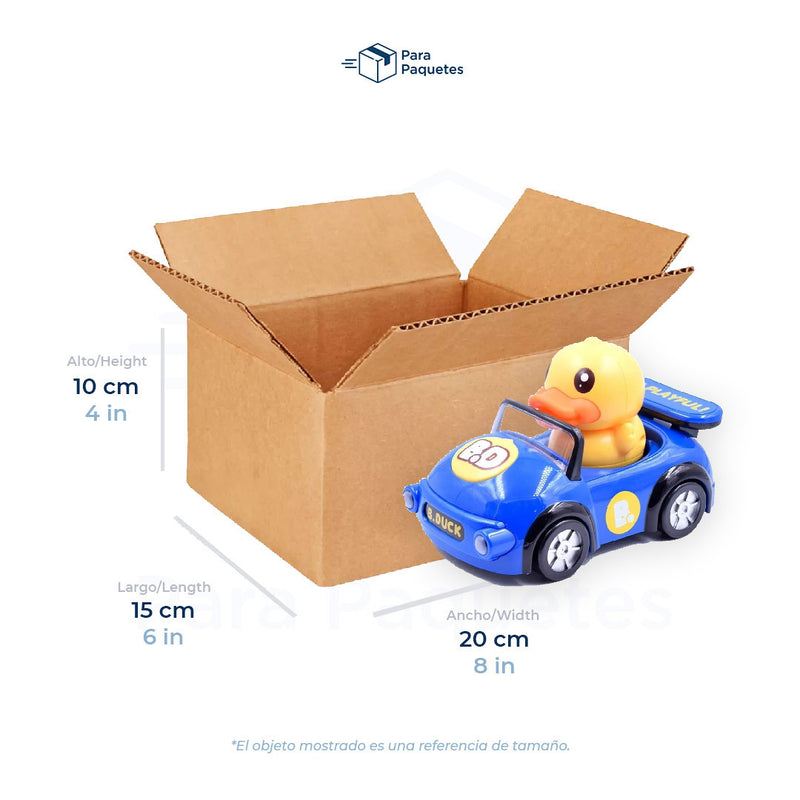 Medida de caja de cartón, 20 x 15 x 10 cm, con carrito de juguete como referencia de tamaño.