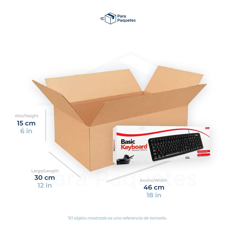 Medida de caja de cartón, 46 x 30 x 15 cm, con teclado de PC como referencia de tamaño.