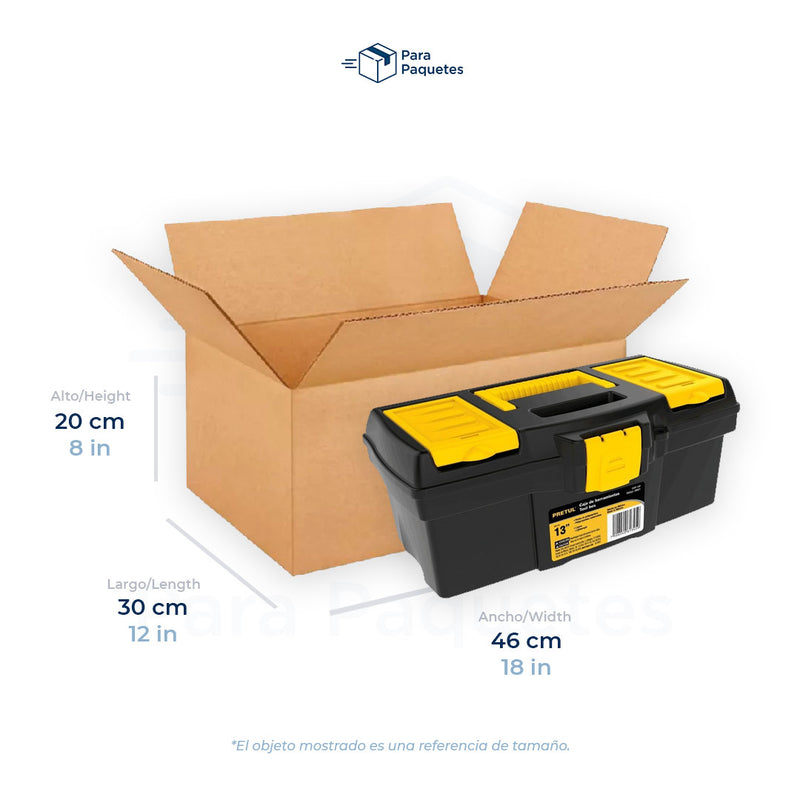 Medida de caja de cartón, 46 x 30 x 20 cm, con caja de herramientas como referencia de tamaño.