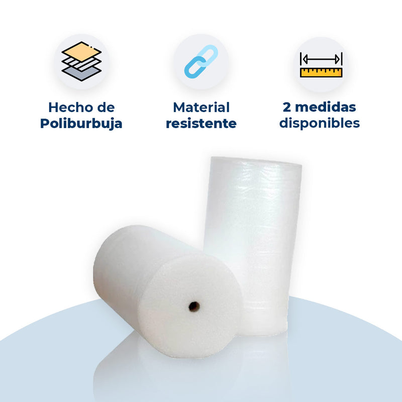 Características de rollo de burbujas para embalaje: poliburbuja, material resistente, 2 medidas disponibles. 